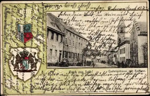 Präge Wappen Passepartout Ak Selb im Fichtelgebirge Oberfranken, Ludwigstraße, Rathaus