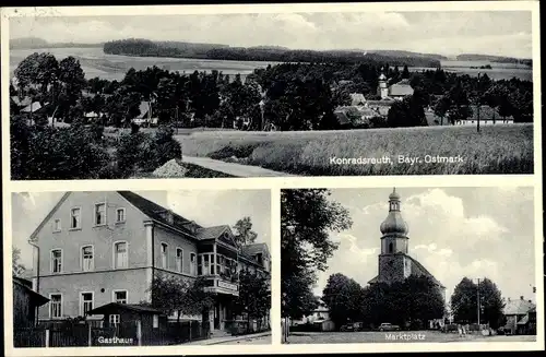 Ak Konradsreuth in Oberfranken, Panorama, Gasthaus und Metzgerei zum weißen Lamm, Marktplatz, Kirche