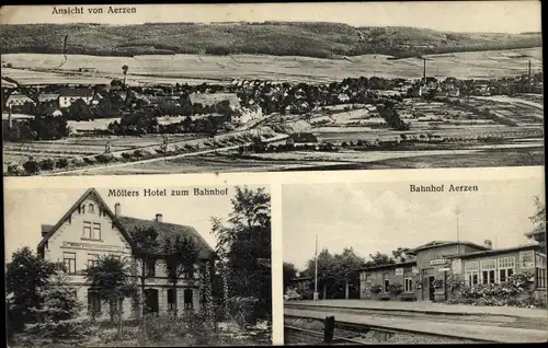 Ak Aerzen im Weserbergland, Panorama, Bahnhof, Möllers Hotel zum Bahnhof