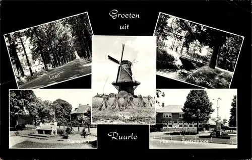 Ak Ruurlo Gelderland, Brücke, Platz, Windmühle, Post, Denkmal