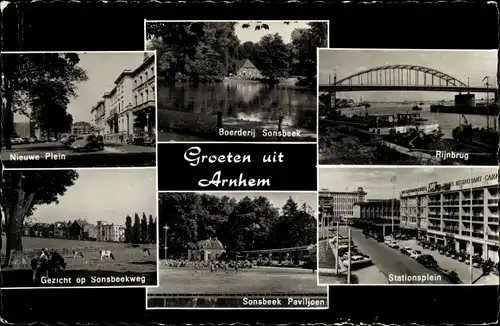 Ak Arnhem Gelderland Niederlande, Rijnbrug, Sonsbeek Paviljoen, Nieuwe Plein, Boerderij Sonsbeek