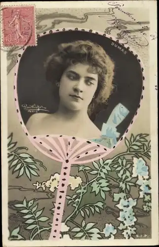 Passepartout Ak Schauspielerin Dumas, Portrait, Fächer