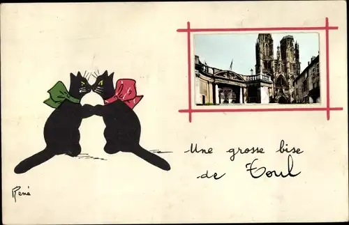 Künstler Ak Rene, Toul Meurthe et Moselle, Kathedrale, Zwei schwarze Katzen