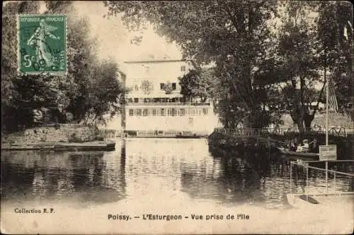 Ak Poissy Yvelines, L'Esturgeon, Blick von der Insel aus