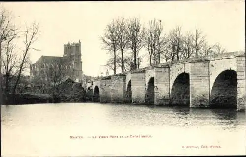 Ak Mantes Yvelines, Die alte Brücke, Kathedrale