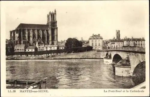 Ak Mantes sur Seine Yvelines, Pont Neuf, Kathedrale