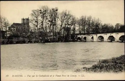Ak Mantes sur Seine Yvelines, Pont de Limay, Kathedrale