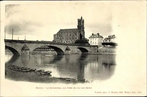 Ak Mantes Yvelines, Kathedrale, Blick von der Ile aux Dames