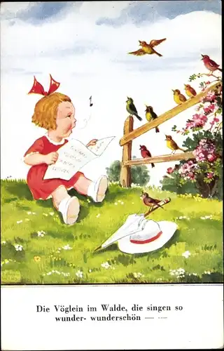 Künstler Ak Wills, John, singendes Mädchen, Vögel