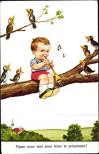 Künstler Ak Wills, John, Junge mit Flöte auf einem Ast, singende Vögel
