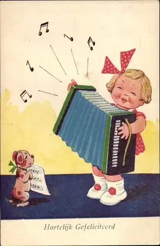 Künstler Ak Wills, John, Herzlichen Glückwunsch, Mädchen mit Akkordeon, Hund