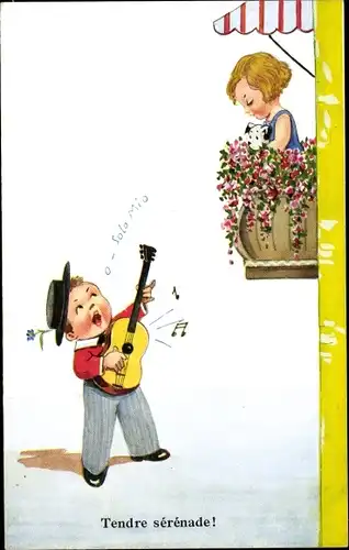 Künstler Ak Wills, John, Mädchen auf einem Balkon, singender Junge mit Gitarre