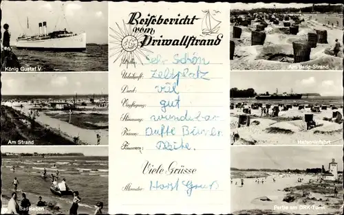 Ak Priwall Travemünde Lübeck, Schiff König Gustaf V, Badestrand, Badeleben, DRK-Turm, Hafeneinfahrt