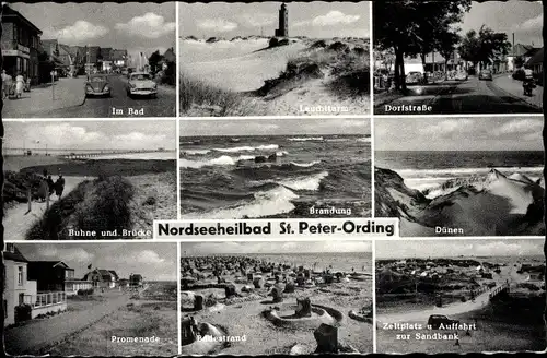Ak Nordseebad Sankt Peter Ording, Dünen, Promenade, Brandung, Zeltplatz, Auffahrt zur Sandbank