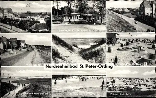 Ak Nordseebad Sankt Peter Ording, Lesehalle Kurverwaltung, Zeltplatz Ordinger Hof, Deich, Waldstraße