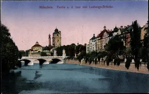Ak München, Isar mit Ludwigs-Brücke