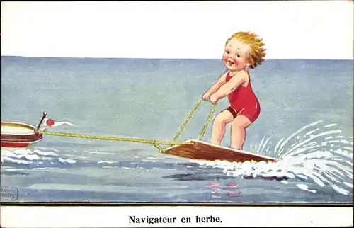 Künstler Ak Wills, John, Kind im Badeanzug auf einem Brett, Wasserski