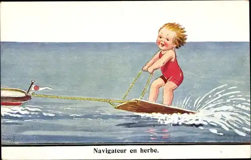 Künstler Ak Wills, John, Kind im Badeanzug auf einem Brett, Wasserski