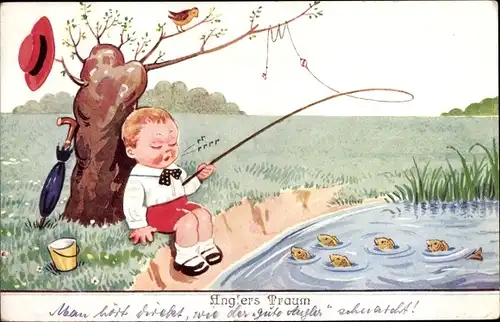 Künstler Ak Wills, John, Anglers Traum, Goldfische im Teich, Haken im Baum