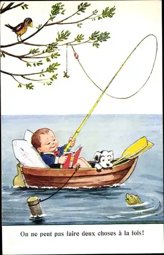 Künstler Ak Wills, John, Kind mit Angel im Ruderboot, Hund