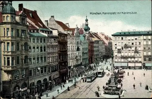 Ak München Bayern, Marienplatz mit Mariensäule, Straßenbahn