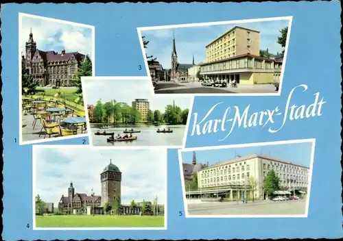 Ak Karl Marx Stadt Chemnitz in Sachsen, Rathaus, Hochhaus am Schlossteich, Roter Turm, Theaterplatz