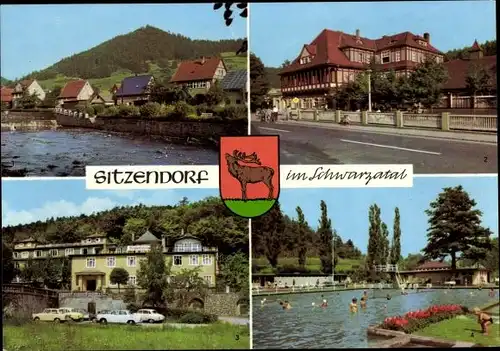 Ak Sitzendorf in Thüringen, Schwarzatal, Hotel Bergterrasse, Hotel Zur Linde, Schwimmbad, Wappen