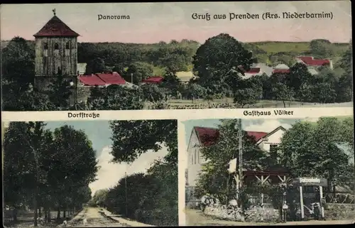 Ak Prenden Wandlitz im Barnim, Panorama, Kirche, Dorfstraße, Gasthaus Völker