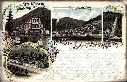 Litho Lautenthal Langelsheim im Oberharz, Bahnhof, Hotel Prinzess Caroline, Aufzug