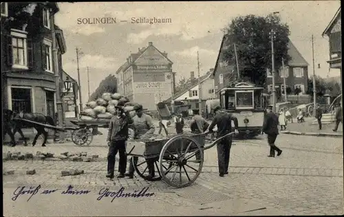 Ak Solingen im Bergischen Land, Schlagbaum, Straßenbahn, Fuhrwerk, Handkarren