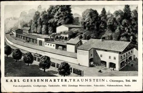 Ak Traunstein Oberbayern, Autohaus, Tankstelle, Karl Gessenharter, Fiat, NSU Zündapp, Nähmaschinen