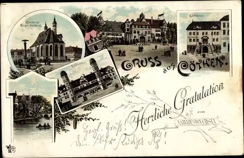 Litho Cöthen Köthen in Anhalt, Kirche mit Kriegerdenkmal, Rathaus, Schloss