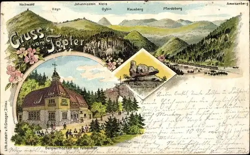 Litho Oybin in der Oberlausitz, Töpfer, Bergwirtschaft mit Felsentor, Brütende Henne