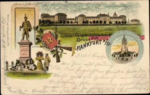 Litho Frankfurt an der Oder, Kaserne Regiment Nr. 12, Wasserturm, Denkmal