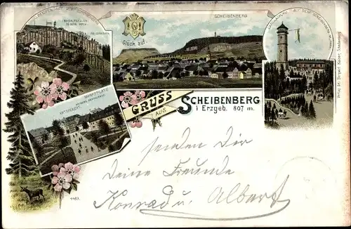 Litho Scheibenberg Erzgebirge, Amtsgericht, Orgelpfeifen, Carolaturm