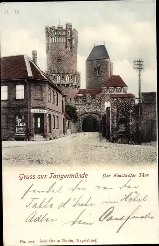 Ak Tangermünde an der Elbe, Neustädter Tor, Geschäft