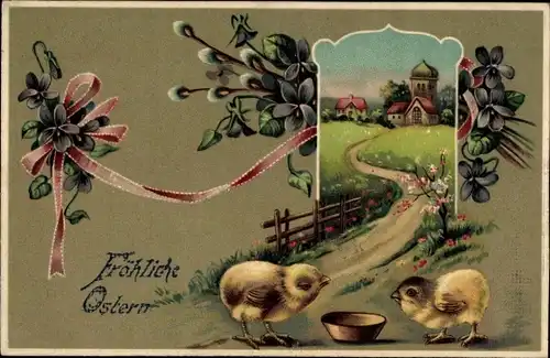 Präge Litho Glückwunsch Ostern, Küken, Ortschaft, Veilchen