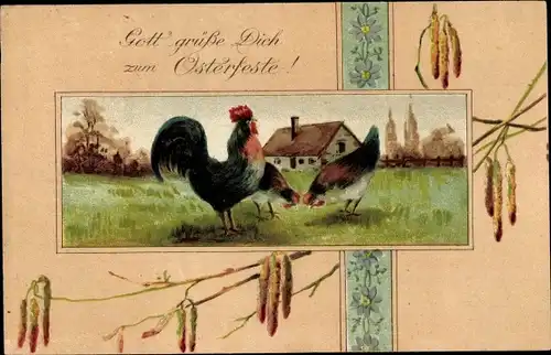 Passepartout Ak Glückwunsch Ostern, Hahn und Hühner auf einer Wiese