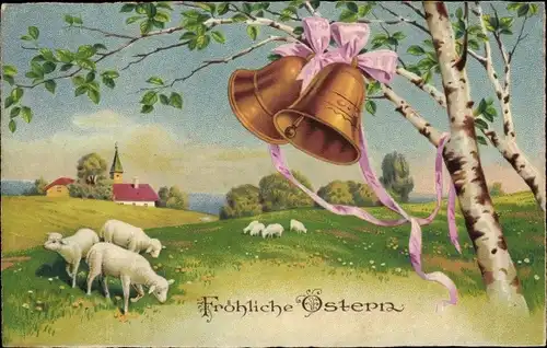 Ak Glückwunsch Ostern, Lämmer auf einer Wiese, Glocken