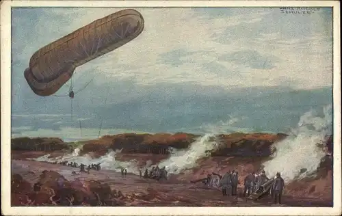 Künstler Ak Schulze, Hans Rudolf, Fesselballon der Deutschen Luftflotte im I. WK, Artillerie