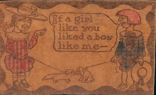 Leder Ak Kinder mit Hunden, Spaziergang, Liebe, Mädchen mit Zöpfen, Hut