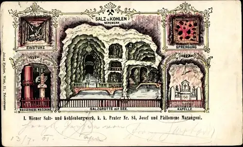 Litho Wien 2 Leopoldstadt, Prater, I. Wiener Salz- und Kohlenbergwerk, Einsturz, Sprengung