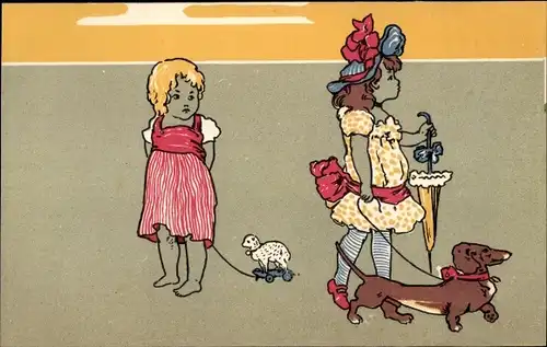 Künstler Ak Mädchen mit Dackel, Spaziergang, Sonnenschirm, Spielzeug