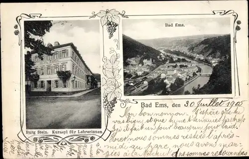 Ak Bad Ems an der Lahn, Gesamtansicht, Burg Stein, Kurasyl für Lehrerinnen