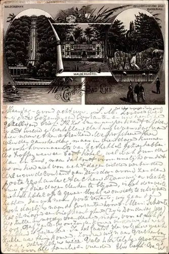 Vorläufer Litho Bad Ems an der Lahn, Malberghotel, Seilbahn, Aussichtsturm, Wasserfall