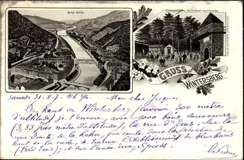 Litho Bad Ems an der Lahn, Restaurant, Blick auf den Ort