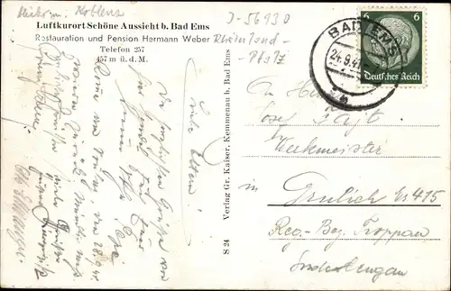 Ak Bad Ems an der Lahn, Römischer Wachtturm, Restaurant