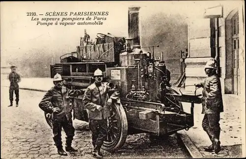 Ak Paris, Scenes Parisiennes, Sapeurs Pompiers, vapeur automobile, Feuerwehr, Dampfauto