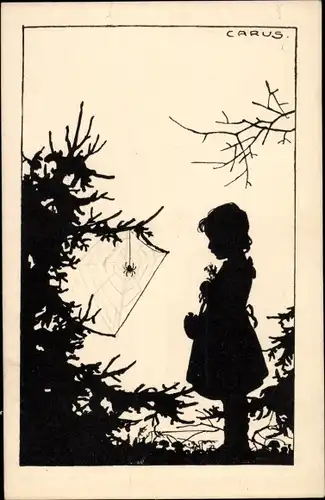 Scherenschnitt Ak Carus, Kleines Mädchen, Spinne im Spinnennetz