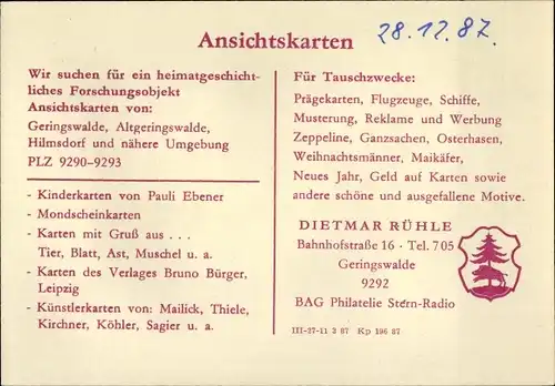 Ak Geringswalde Sachsen, Dietmar Rühle, Bahnhofstraße 16, BAG Philatelie Stern-Radio